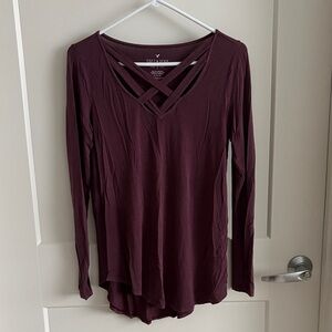 American Eagle Outfitters Long Sleeve Crisscross V-Neck Top - Burgundy
